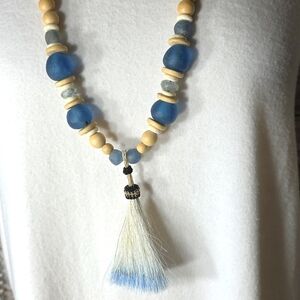 Blue and Tan Wood Beaded Necklace with Tassel